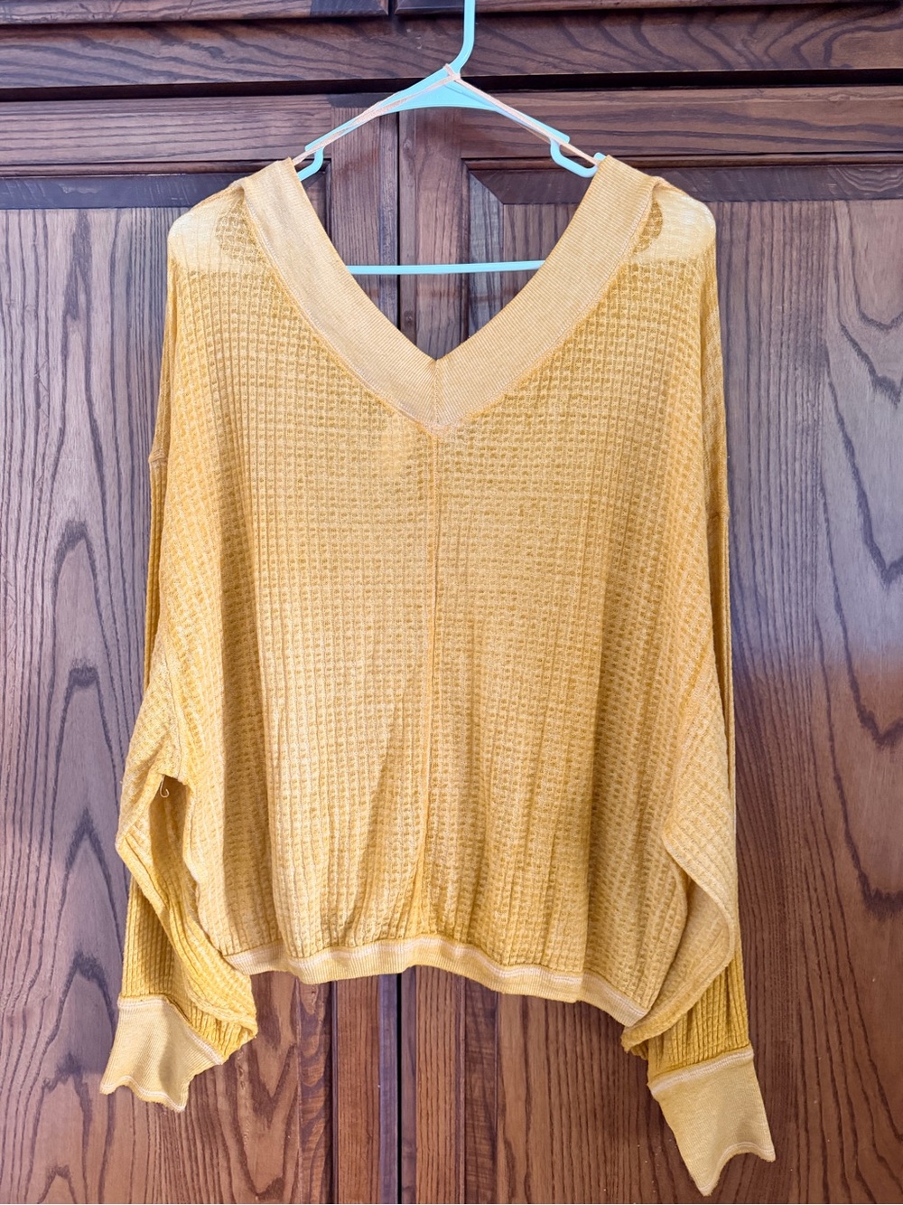 We The Free Golden Yellow V-Neck Waffle Knit Long Sleeve Top